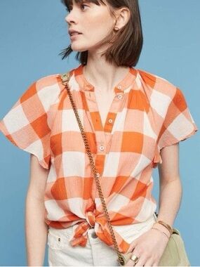 Maeve Orange and White Gingham Button-Down Blouse | Size XL | EUC